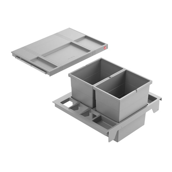 Hailo Einbau-Abfallsammler mit zwei Eimern und ausziehbarem Deckeltablar mit integrierten Ablageschalen sowie Hailo Logo.