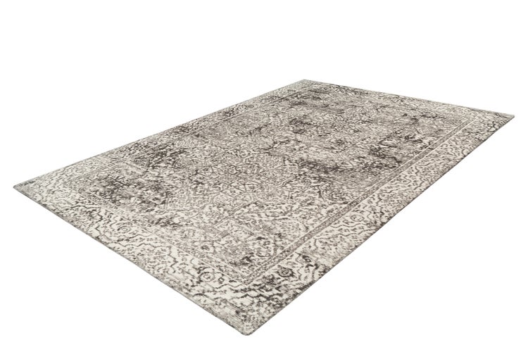 Rechteckiger Teppich in Grau und Weiß mit ornamentalem Vintage-Muster und Bordüre.