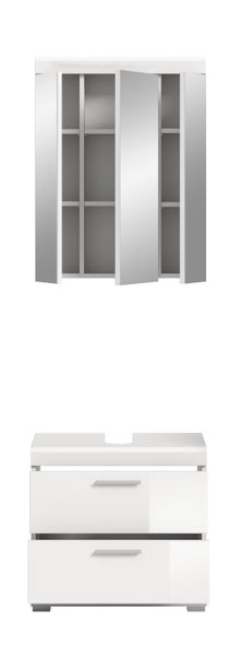 Badezimmermöbel-Set bestehend aus einem dreitürigen Spiegelschrank mit Einlegeböden und einem weißen Waschtischunterschrank mit zwei Schubladen.