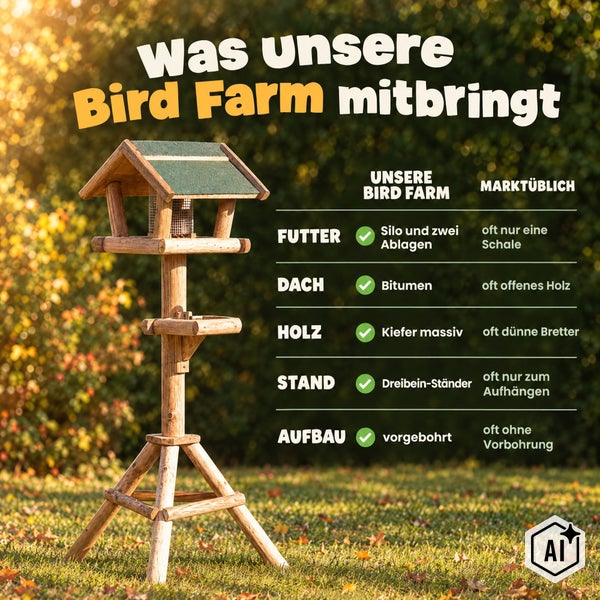 Holz Vogelhaus Bird Farm mit Stativ, Bitumendach und Futtersilo im direkten Vergleich zu marktüblichen Modellen für den Garten.