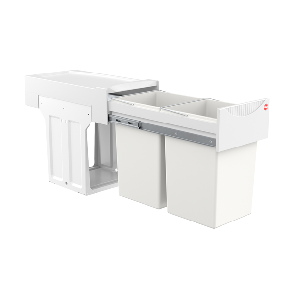 Ausziehbarer Abfallsammler mit zwei Kunststoffbehältern und Metallauszug für den Einbau im Küchenunterschrank.