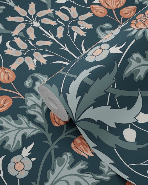 ESTAhome Tapete Blumenmuster im Jugendstil Dunkelblau und Terrakotta - 50 x 900 cm - 131182