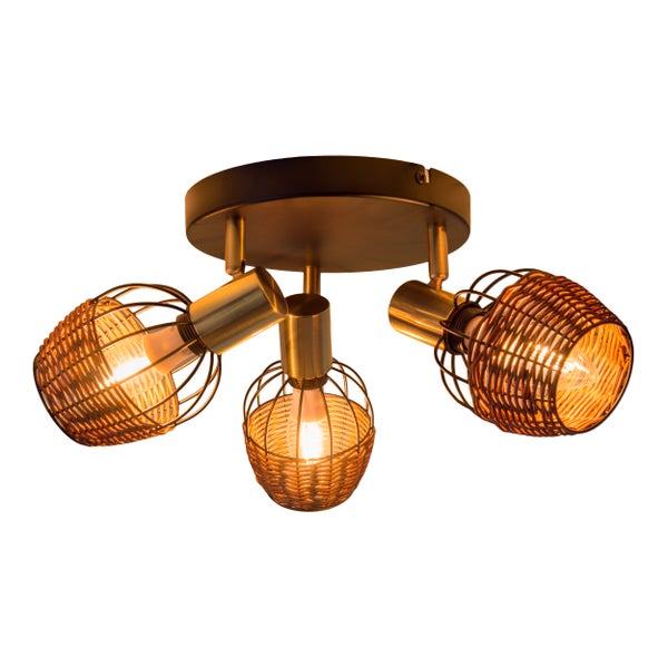 3er Deckenrondell CORBIS, Spot aus Metall in Schwarz, mit Gold und Rattan, mit E14-Fassung, für Esszimmer, Wohnzimmer, Diele oder Büro, Beleuchtung für Wohnzimmer, Esszimmer oder Büro, 38 cm Durchmesser