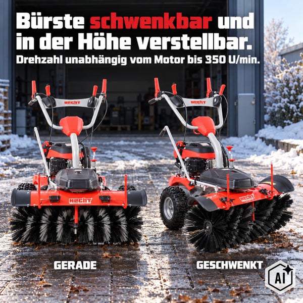Hecht Kehrmaschine mit schwenkbarer und höhenverstellbarer Bürste, Drehzahl bis 350 Umdrehungen pro Minute für Winterdienst und Reinigung.