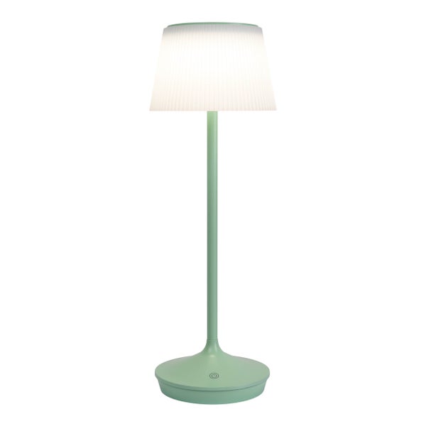 Solar-Akkutischleuchte EMMI  38 cm hoch, Schirm Ø 13 cm, Metall in Mint und weißer Kunststoff, für den Außenbereich, dimmbar CCT.