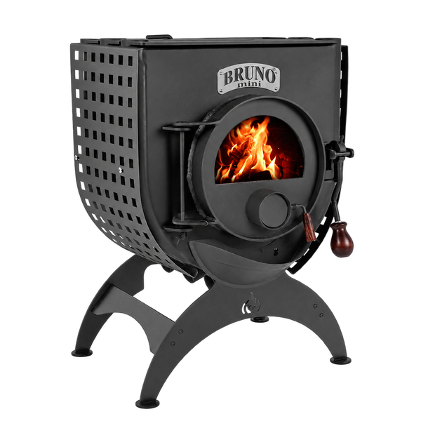 Bruno Mini Kaminofen aus Stahl mit runder Sichtscheibe und brennendem Feuer auf einem Standfuß.