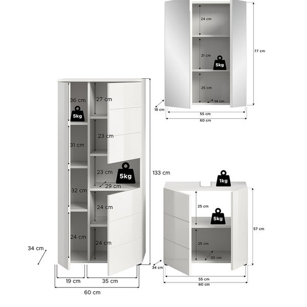 Vira Badmöbelset 3 Teile weiß Hochglanz, weiß. 135 X 34 X 190 cm