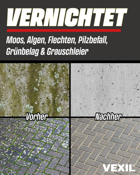 Vorher Nachher Vergleich der Reinigung von Steinbelag und Pflastersteinen von Moos Algen und Flechten mit Vexil Reiniger