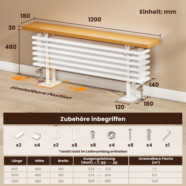 EMKE Designheizkörper mit Holzablage, Heizkörper mit Warmwasserbetrieb, horizontal, 808 Watt, 120 cm x 48 cm, Weiß