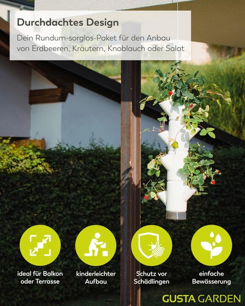 Vertikaler Pflanzturm für Erdbeeren und Kräuter auf Terrasse. Symbole für einfachen Aufbau, Schädlingsschutz und Bewässerung. Gusta Garden Logo.