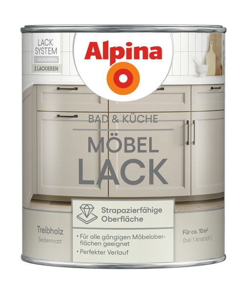 Alpina Möbellack Bad und Küche Treibholz seidenmatt für circa 10 Quadratmeter, strapazierfähige Oberfläche für Möbel.