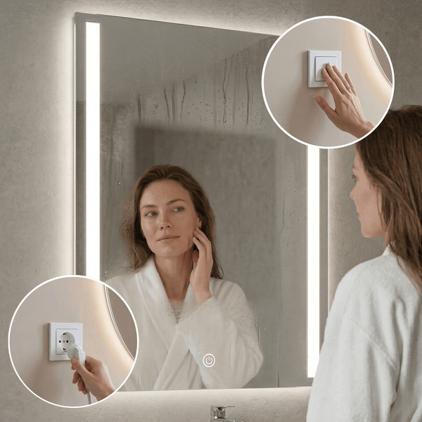 Rechteckiger Badezimmerspiegel mit LED Beleuchtung und Antifog Funktion sowie Handbedienung am Spiegel und über einen Wandlichtschalter.
