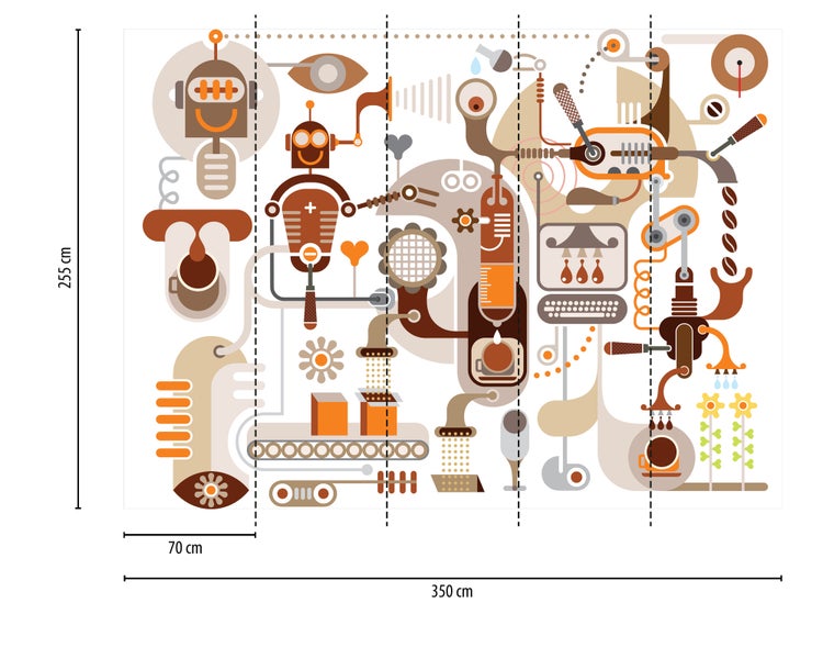 Vliesfototapete mit abstrakter, mechanischer Illustration von Robotern und Kaffeemaschinen-Elementen, 350 mal 255 Zentimeter.