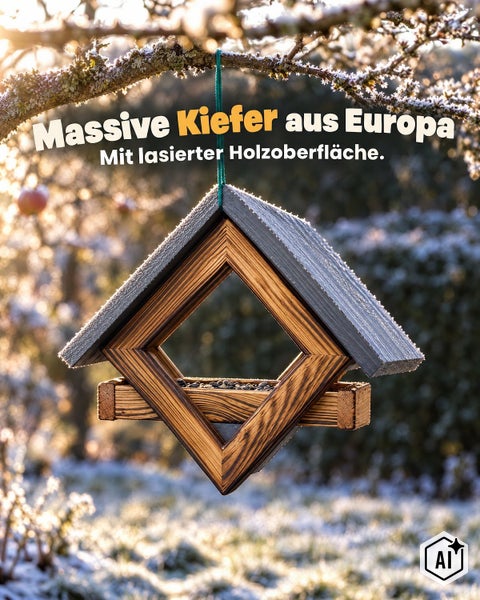 Vogelfutterhaus aus massiver Kiefer mit lasierter Holzoberfläche und Dach, hängend an einem Baum im Garten.