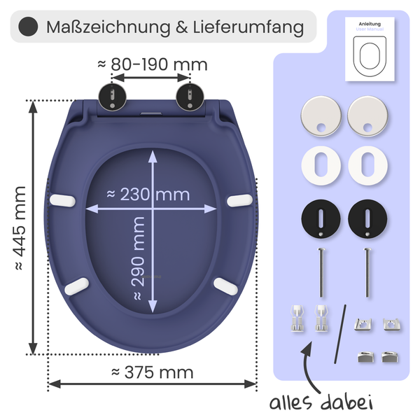 Maßzeichnung und Lieferumfang eines WC Sitzes mit den Maßen 445 Millimeter Höhe, 375 Millimeter Breite, 230 Millimeter Innenbreite und 290 Millimeter Innentiefe, inklusive Montagezubehör und Bedienungsanleitung.