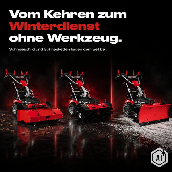 Kehrmaschine mit Schneeschild und Schneeketten für den Winterdienst ohne Werkzeug umbaubar.