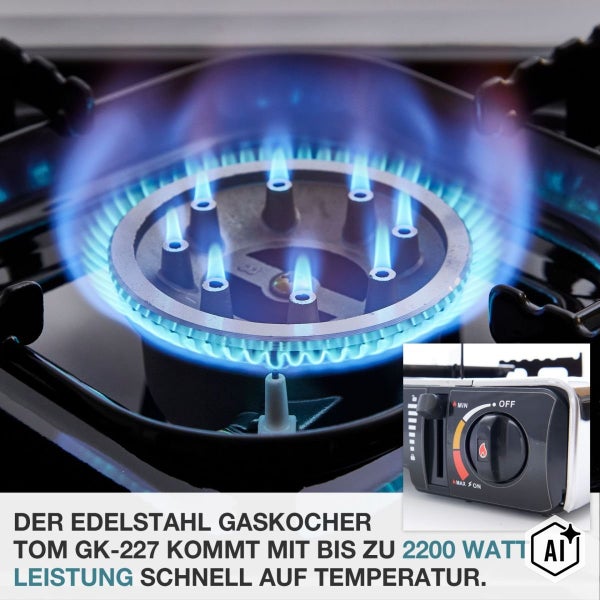 Edelstahl Gaskocher TOM GK 227 mit brennender Flamme und Drehregler zur Leistungsregulierung.