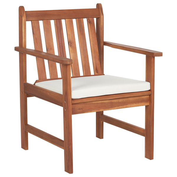 Holzgartenstuhl mit Armlehnen und Sitzkissen