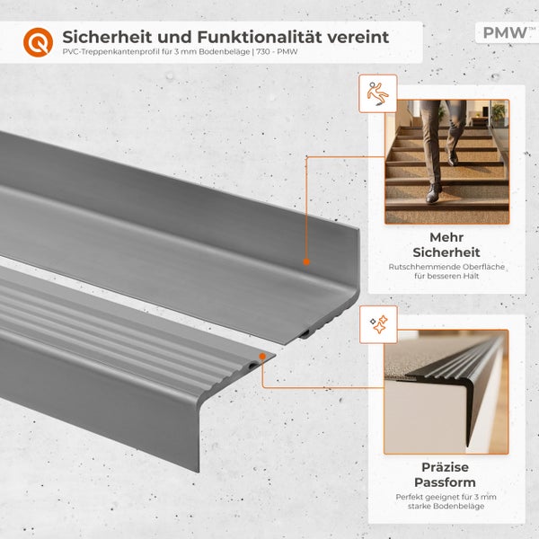 PVC-Treppenkantenprofil für 3 Millimeter Bodenbeläge mit rutschhemmender Oberfläche, Produktansichten und Anwendung auf einer Treppe. PMW Logo.