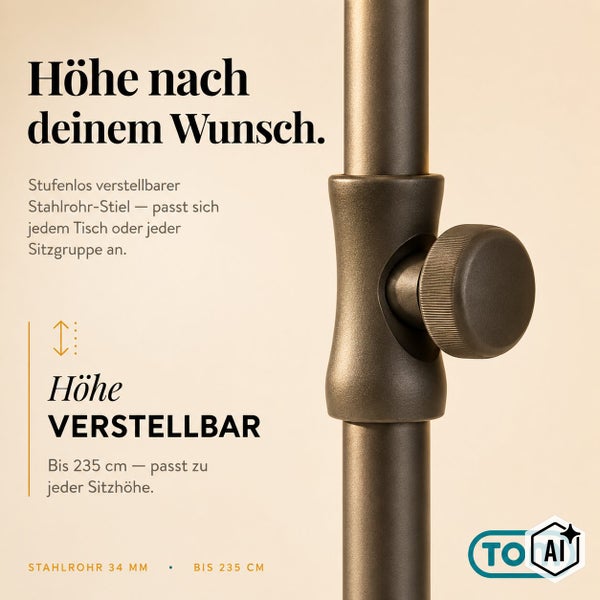 Stufenlos höhenverstellbarer Stahlrohrstiel mit Feststellschraube für Sonnenschirme mit 34 Millimeter Durchmesser bis 235 Zentimeter Höhe von TOM.