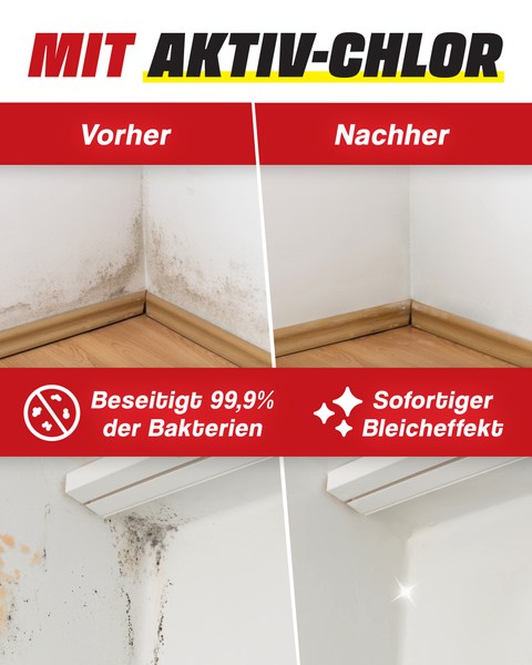 Vorher und Nachher Vergleichsbilder zur Schimmelentfernung mit Aktivchlor an Wandecken.