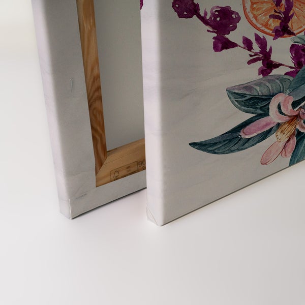 Leinwandbild mit floralem Motiv und Orangenblüten auf Holzkeilrahmen.