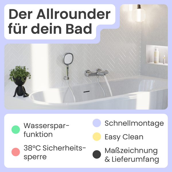 Badewanne mit Armatur und Hinweisen zu Wassersparfunktion, Schnellmontage, 38 Grad Celsius Sicherheitssperre, Easy Clean, Maßzeichnung und Lieferumfang