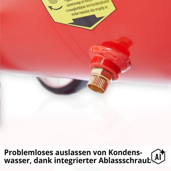 Detaillierte Ansicht der Ablassschraube an einem Druckluftbehälter für das Ablassen von Kondenswasser.