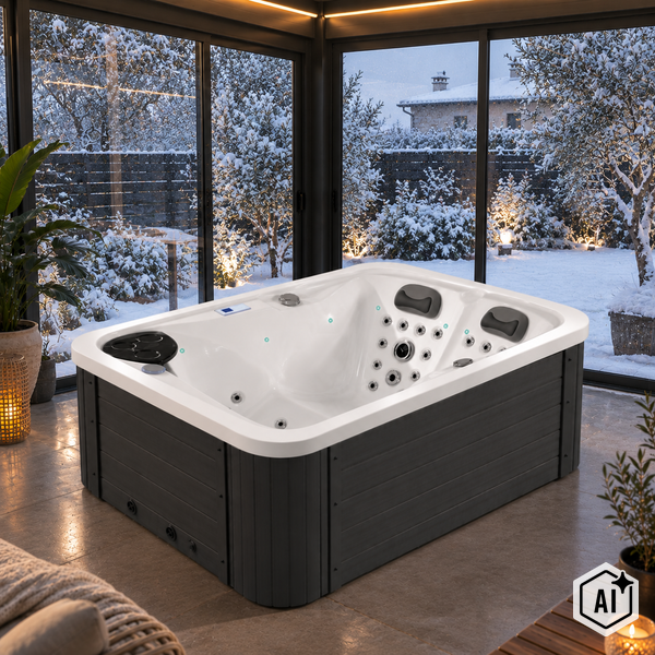 Whirlpool mit dunkler Holzoptik Verkleidung in einem Wintergarten mit Blick auf eine verschneite Gartenlandschaft.
