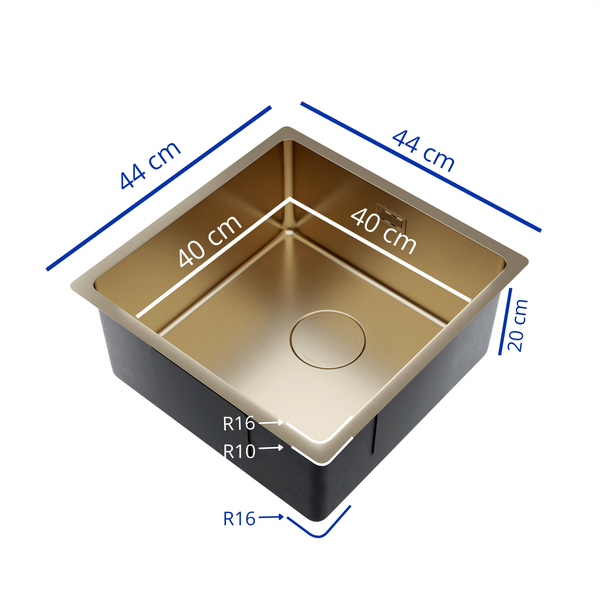 Quadratische Edelstahl Einbauspüle mit Maßangaben 44 mal 44 Zentimeter und Beckentiefe von 20 Zentimeter