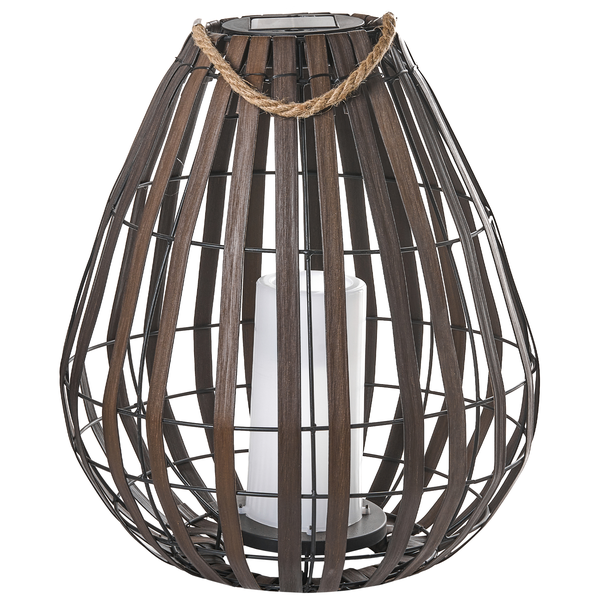 Solarleuchte Laterne in Tropfenform mit dunklen Holzstreben, weißer LED-Kerze und Seilgriff.