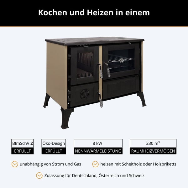 Holzbetriebener Küchenherd zum Kochen und Heizen, 8 Kilowatt Leistung, 230 Kubikmeter Heizvermögen, erfüllt Abgasnormen und Öko-Design.