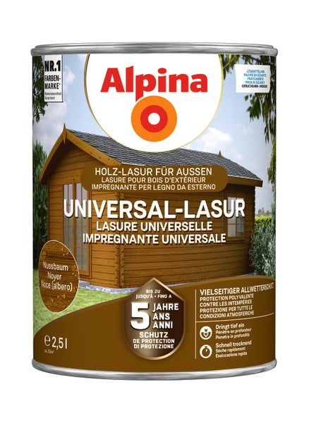 Dose Alpina Universal Lasur Holzlasur für Außen Nussbaum 2,5 Liter für Wetterschutz und Holzpflege.