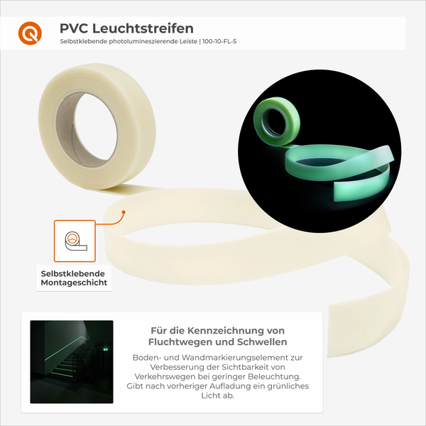Selbstklebender, photolumineszierender PVC Leuchtstreifen zur Boden- und Wandmarkierung.