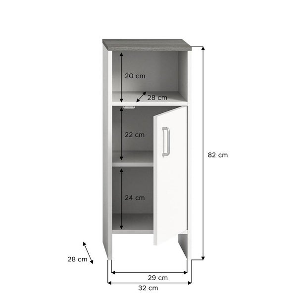 Los Angeles Badschrank 1 Tür, 1 Ablage weiß,rauchfarbenen. 33 X 31 X 80 cm