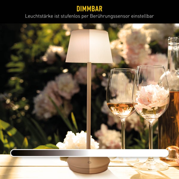 Solar-Akkutischleuchte EMMI  38 cm hoch, Schirm Ø 13 cm, Metall in Almond und weißer Kunststoff, für den Außenbereich, dimmbar CCT.