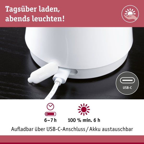 Produktverpackung einer LED-Tischleuchte mit technischen Details zu Maßen, Ladezeit, Akkulaufzeit, IP44-Spritzwasserschutz und Betriebshinweisen.