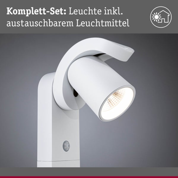Moderne Außenwandleuchte mit Bewegungsmelder und austauschbarem Leuchtmittel.