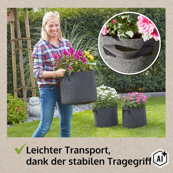 Frau trägt einen runden Pflanzkübel aus Textilgewebe mit stabilen Tragegriffen in einem Garten.