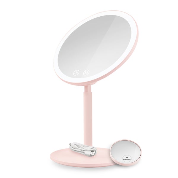 EMKE Macaron Runder Kosmetikspiegel mit Beleuchtung, Tischspiegel mit Touchschalter, 3 dimmbare Lichtfarben, Rosa, ф20cm