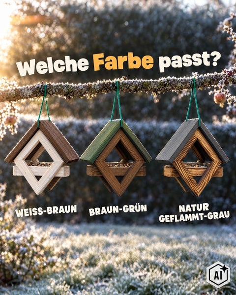 Drei hängende Vogelhäuser aus Holz in verschiedenen Farbkombinationen an einem mit Raureif bedeckten Ast im Garten.