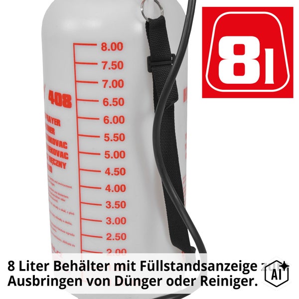 Drucksprüher mit acht Liter Behälter und Füllstandsanzeige zum Ausbringen von Dünger oder Reiniger.