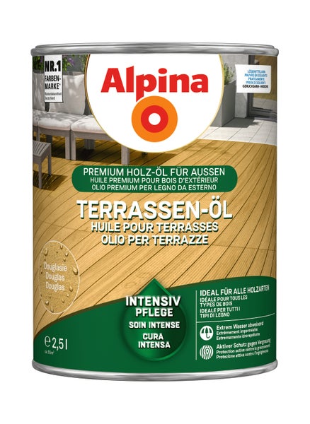 Dose Alpina Premium Holz Oel fuer Aussen Terrassen Oel mit Intensiv Pflege fuer alle Holzarten 2,5 Liter