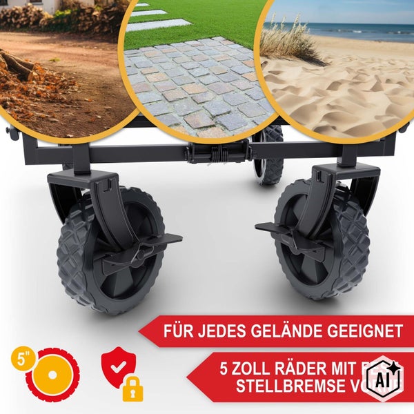 Bollerwagen Räder mit Feststellbremse, geeignet für verschiedene Untergründe wie Erde, Pflaster und Sand, 5 Zoll Durchmesser.