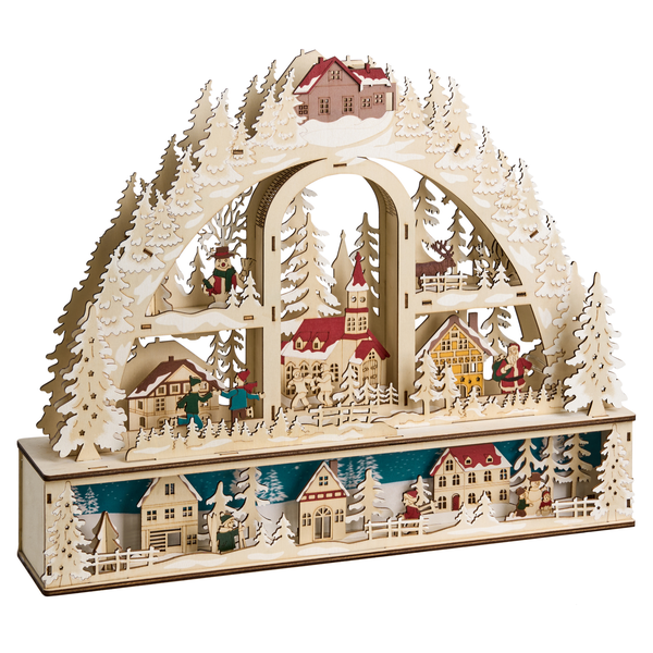 Dekorative hölzerne Winterlandschaft mit Häusern und Bäumen für die Weihnachtszeit