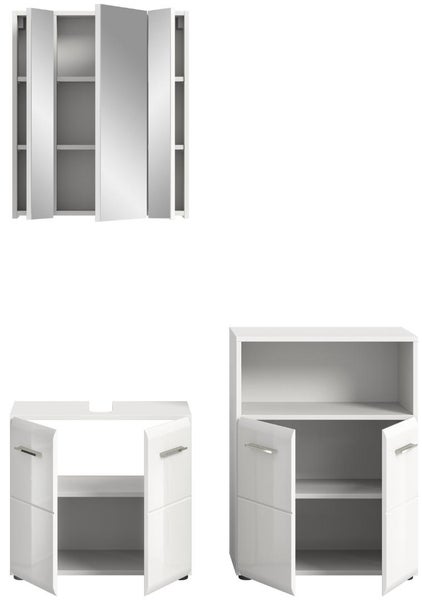 Badezimmermöbelset bestehend aus Spiegelschrank mit drei Türen, Waschbeckenunterschrank mit zwei Türen und Badschrank mit offenem Fach.
