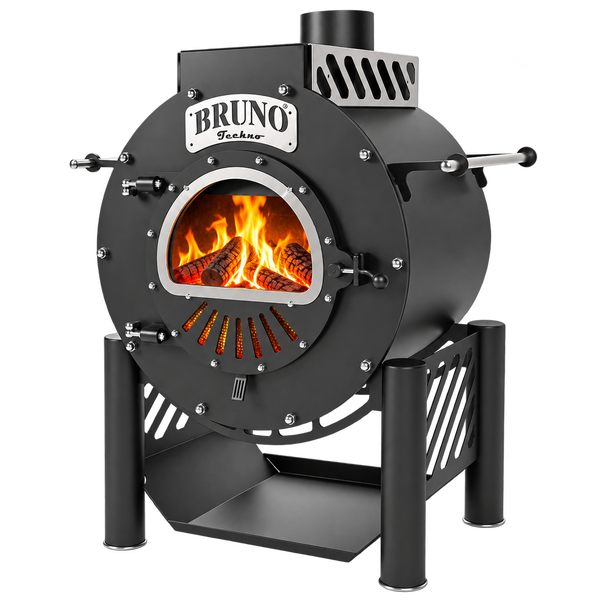 Bruno Techno Kaminofen aus Stahl mit Sichtfenster und brennendem Holzfeuer
