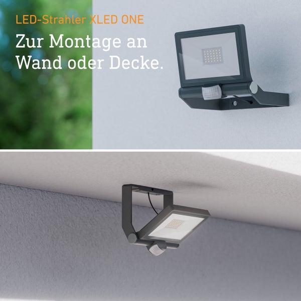 Steinels LED Strahler XLED ONE mit Bewegungsmelder zur Wand oder Deckenmontage im Außenbereich.