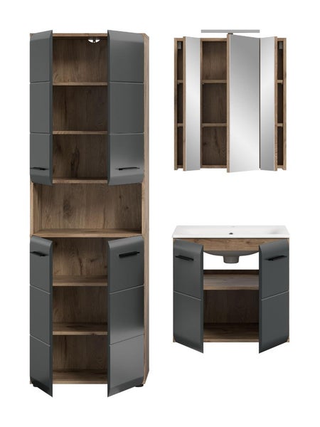 Badezimmermöbel-Set bestehend aus Hochschrank, Spiegelschrank und Waschbeckenunterschrank mit Waschbecken in Holzoptik und Anthrazit.
