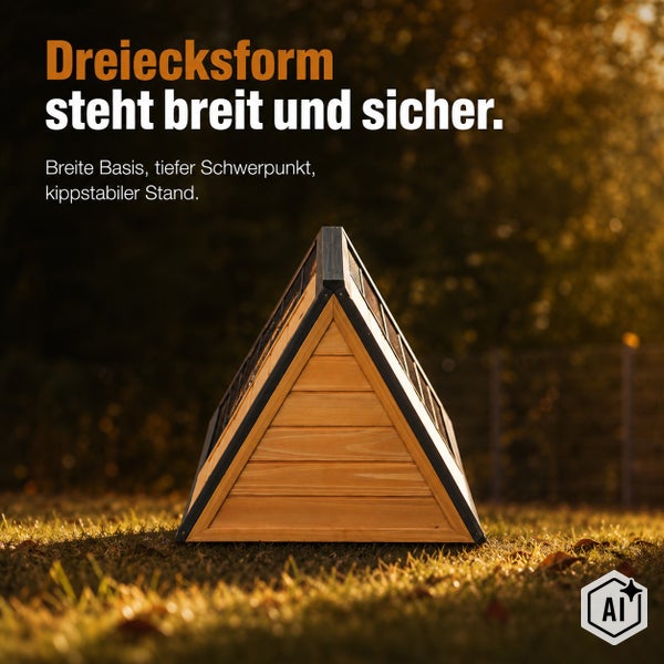 Dreieckiges Kleintierhaus aus Holz mit stabiler Basis und tiefem Schwerpunkt für einen sicheren Stand im Freien.